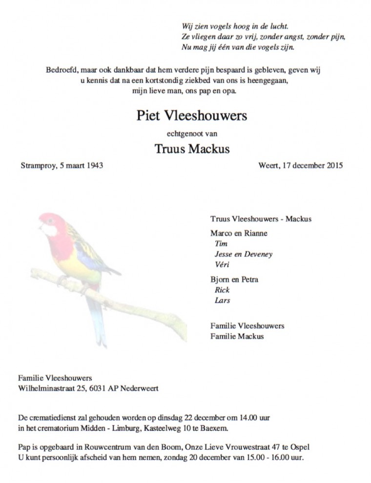 Overlijdensbericht brief  Piet Vleeshouwers