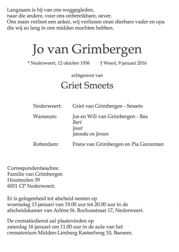 Overlijdensbericht Jo van Grimbergen