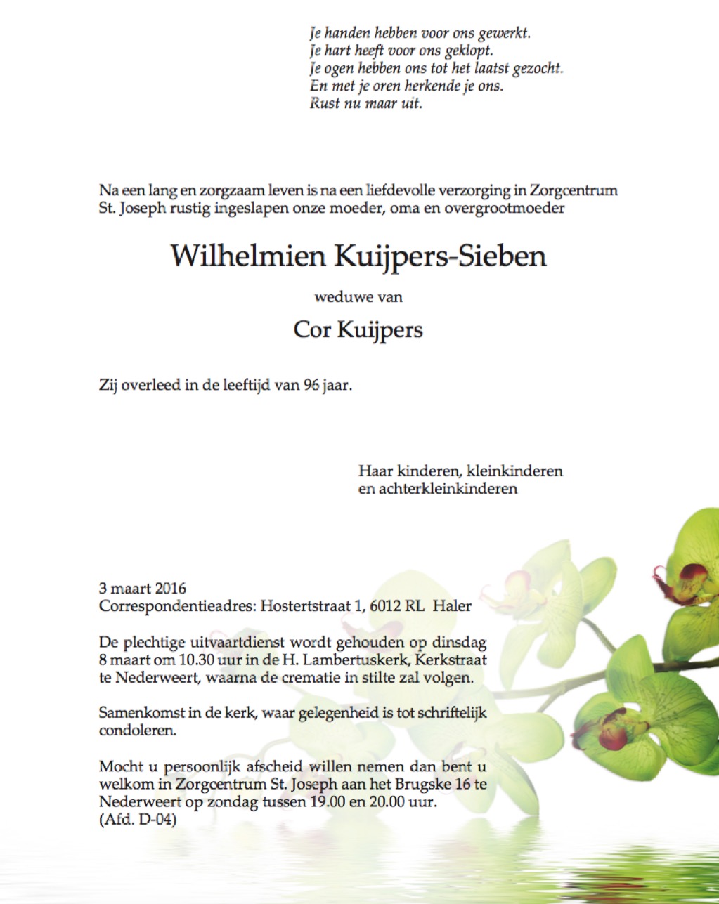 Rouwadvertentie Wilhelmien Kuijpers-Sieben