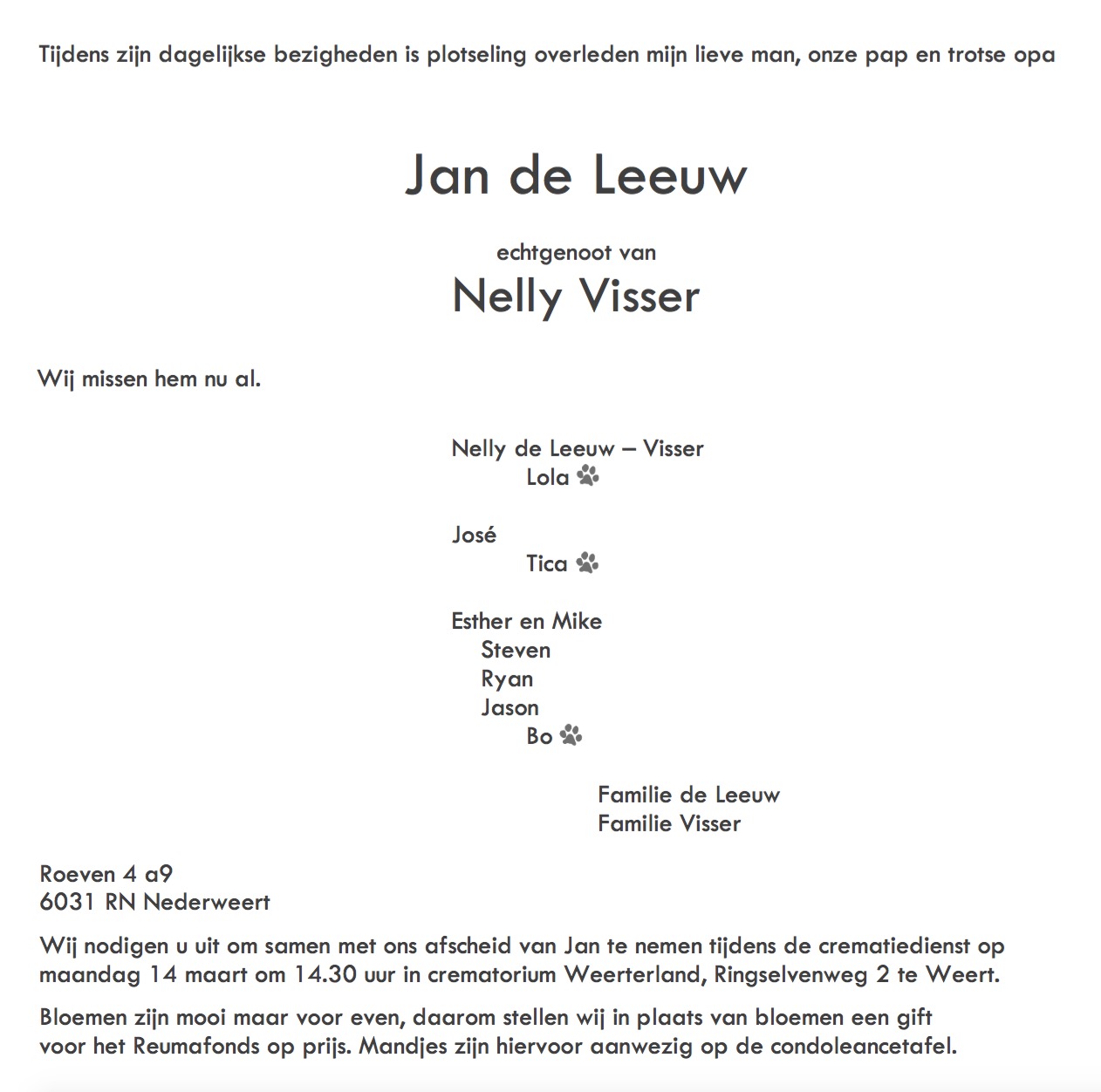 rouwadvertentie Jan de Leeuw