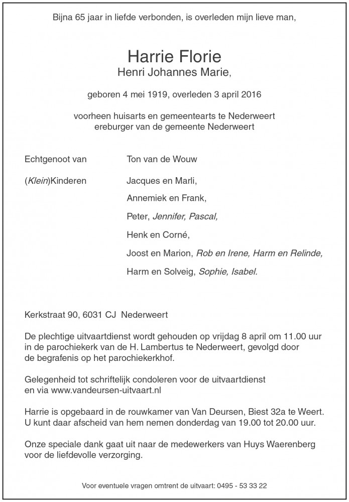 Overlijdensbericht-rouwadvertentie Harrie Florie