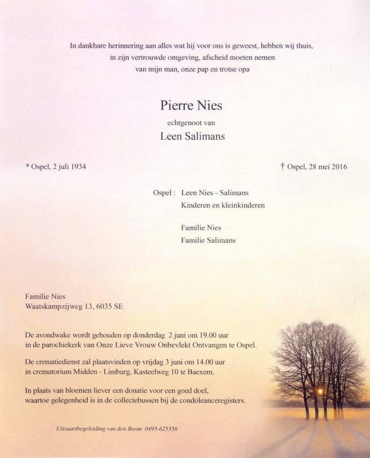 Rouwadvertentie Pierre Nies