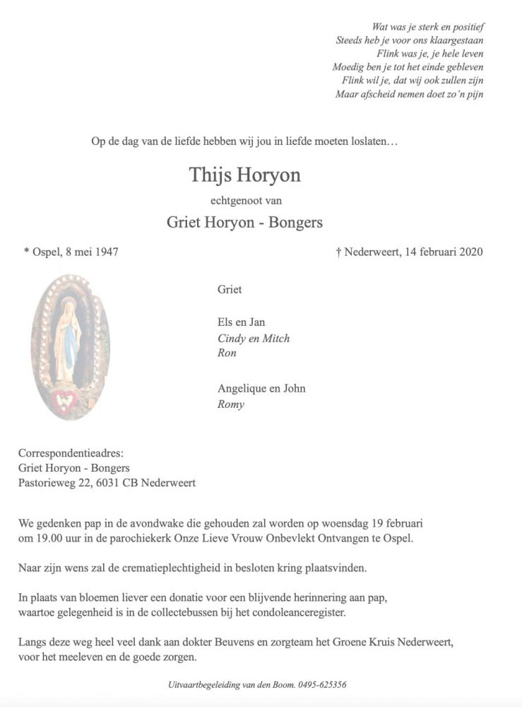 Rouwadvertentie Thijs Horyon