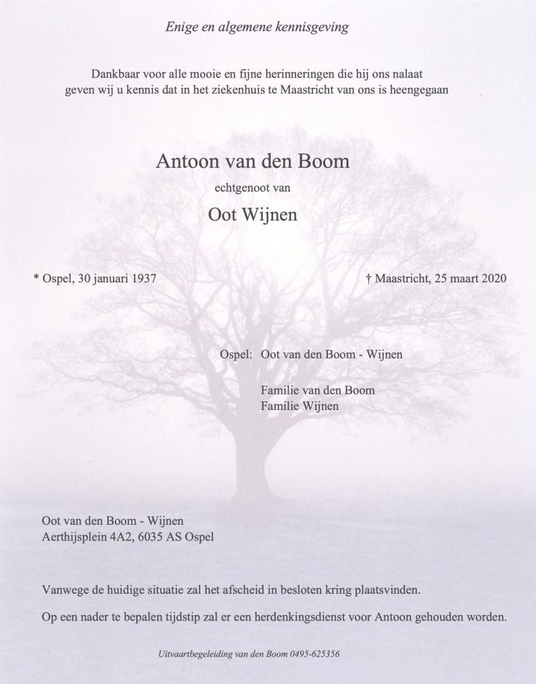 Rouwadvertentie Antoon van den Boom