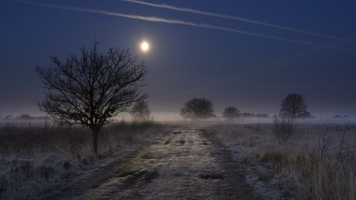 Morning twilight with a waxing moon and a few condens trails highlighted by the moonlight