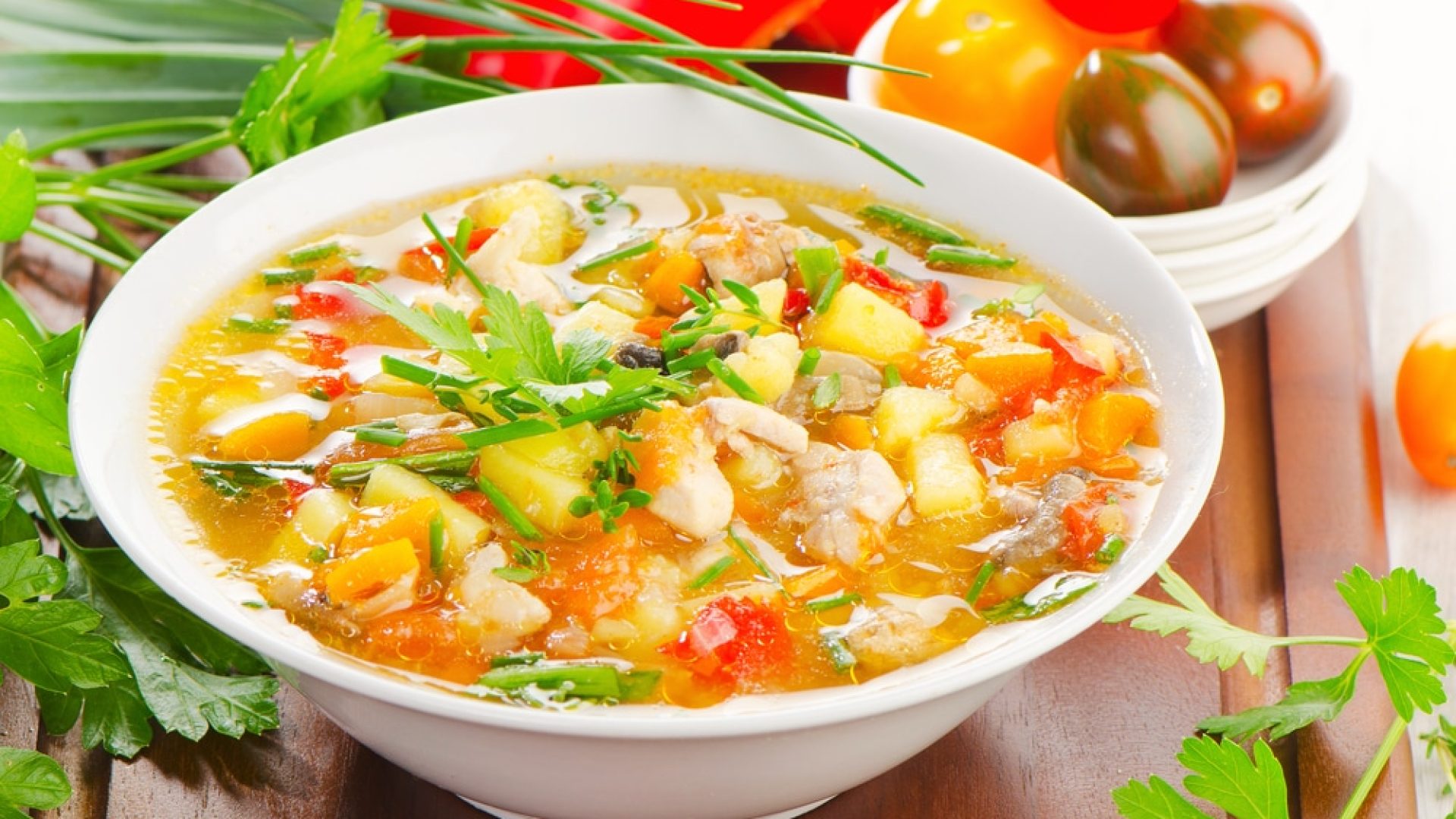 Bowl of vegetable Soup with chicken. Selective focus